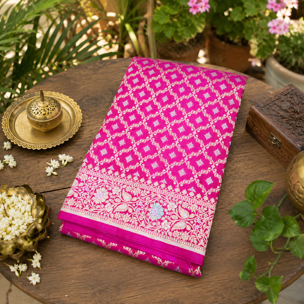 Rani Pink Jaal Pure Silk Saree